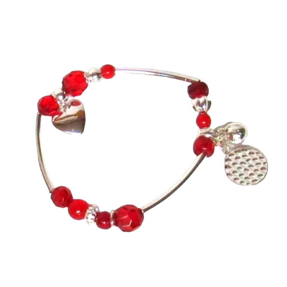 Avon Women’s Silver-Tone Stretch Bracelet with Red Beads & Heart Charm 8 inches